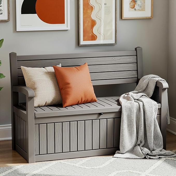 80 Gallon Outdoor Storage Bench Spacious Storage Box Waterproof Resin Deck Box Lockable for Patio, Garden, Livig Room & Outdoor Spaces(Grey)
