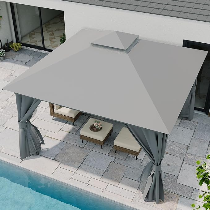 LAUSAINT HOME Patio Gazebo 12'x12', Outdoor Heavy Duty Party Tent Shelter with Double Roofs, Mosquito Nettings and Privacy Screens for Backyard, Garden, Lawn, Gray