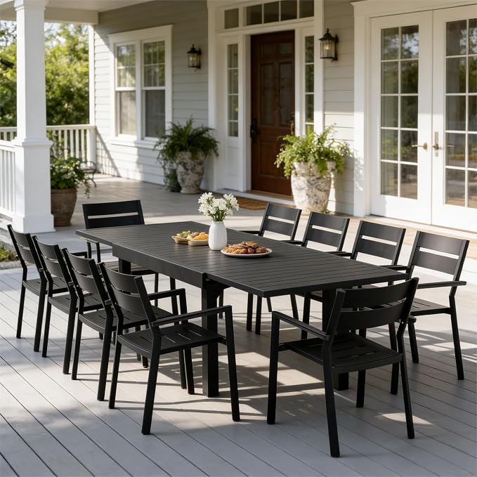 Pellebant 11-Piece Aluminum Outdoor Dining Set for 10, Stackable Contoured Seat Armrest Chairs with 17.3" Depth, Expandable Patio Table – Weather-Resistant Furniture for Deck, Porch & Backyard