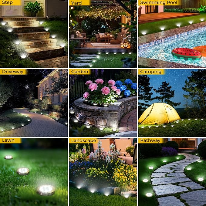 2 Pack Solar Ground Lights Outdoor, 8 LED Mini Flat Solar Disk Lights, IP65 Waterproof Anti-Rust Disc Light, Landscape Lighting for Garden Pathway Yard Walkway Driveway Lawn,Cool White