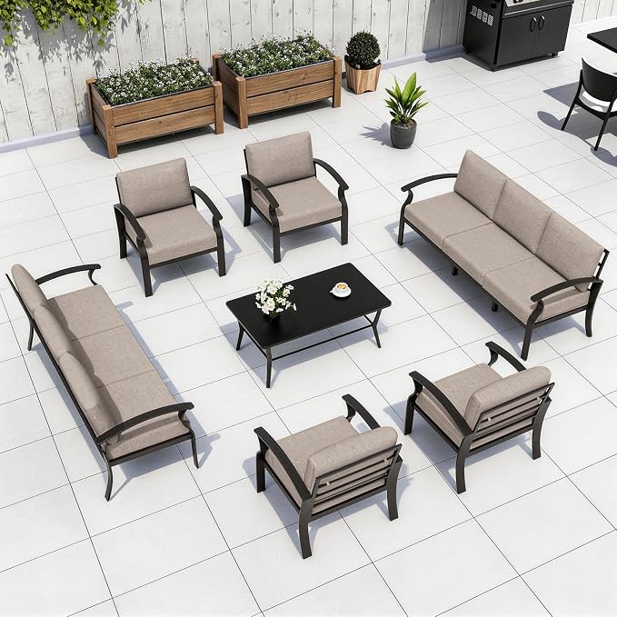Kurapika Aluminum Patio Furniture Set 10-Seat Modern Metal Outdoor Conversation Sets w/5.1 Inch Cushion Patio Sectional Sofa with Rectangular Coffee Table, Sand