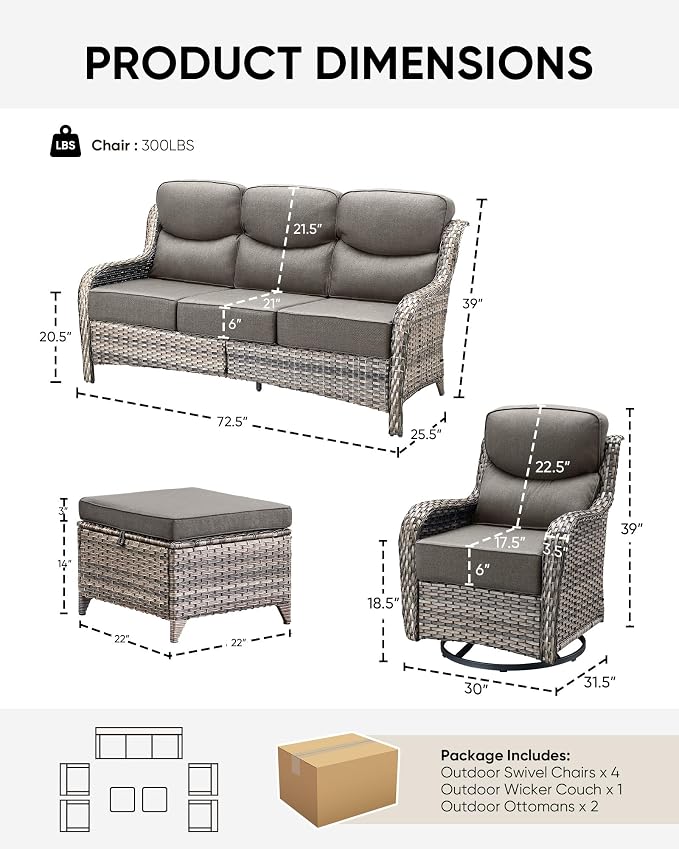 HUMMUH 7 Pieces Wicker Patio Furniture Set with Patio Swivel Chairs Set of 4,High Back Outdoor Sofa Ottomans,6 Inch Thick Cushions Outdoor Conversation Set for Porch, Balcony, Deck
