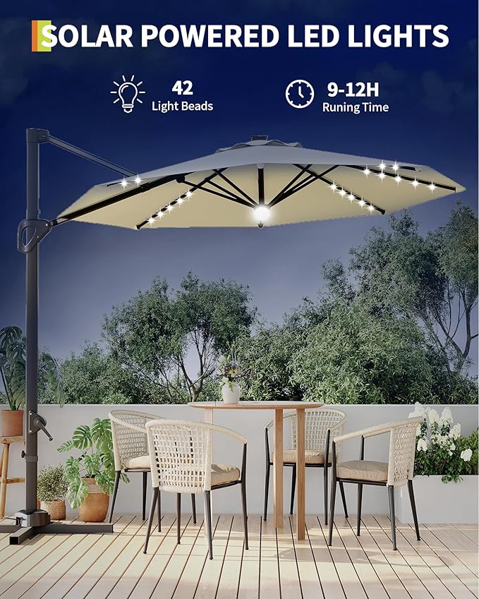 GarveeLife 10 ft Cantilever Umbrella Outdoor Patio Umbrella Solar LED w/Base Included Market Offset Umbrella Sun Shade Windproof with 360-Degree Rotation for Patio Garden Deck Pool, Beige