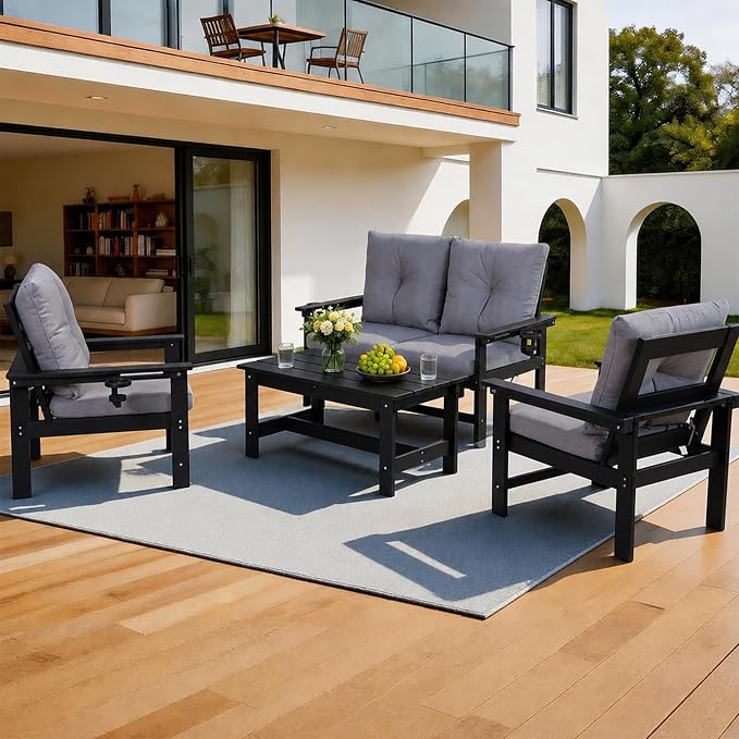 5-Piece HDPE Patio Conversation Set w/ 4 Cup Holders, All-Weather Outdoor Sectional Furniture, Thick Washable Cushions, Coffee Table & Side Table for Backyard Porch Poolside, Black