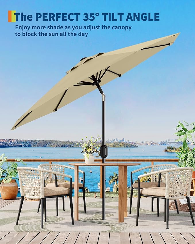 15FT Rectangular Patio Umbrella With Solar Lights & Base Included - Large Patio Umbrella With Crank Handle, UV Protection for Outdoor Market, Lawn, Backyard, Pool