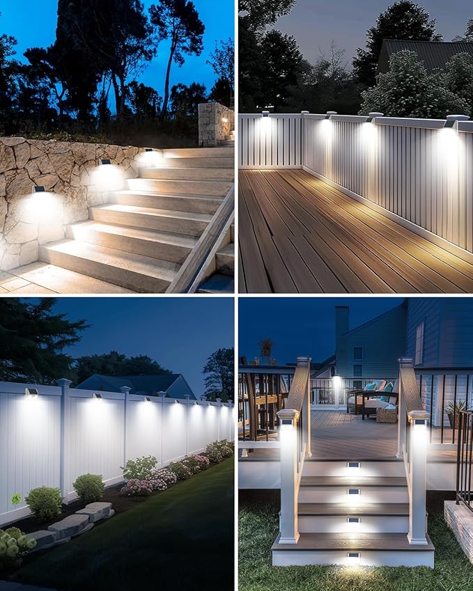 vighep 4 Pack Solar Fence Lights Waterproof, Motion Sensor Deck Lights Outdoor, Cold White LED Outside Lights Wireless for Wall Yard Steps Stairs Garden - White