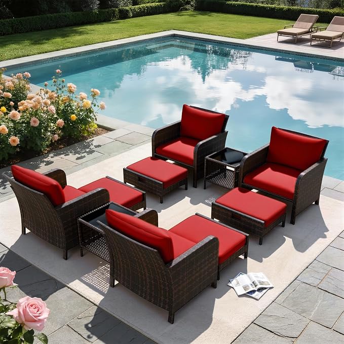LEVELEVE Patio Conversation Set 5 Piece, Balcony Furniture Outdoor PE Rattan Wicker Lounge Chairs with Soft Cushions, 2 Ottomans & Glass Table for Porch Lawn, Brown (Wine Red Cushions