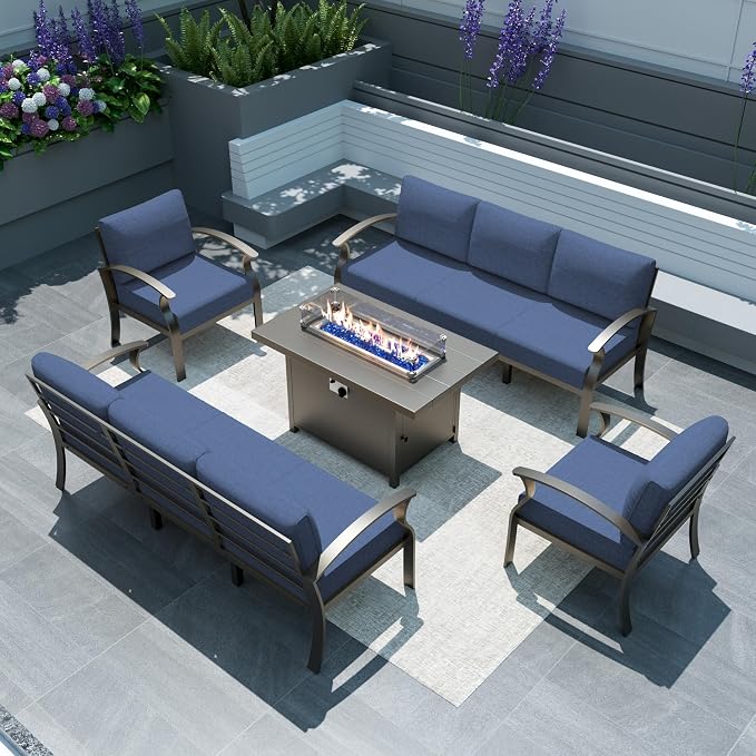 Gotland Aluminum Patio Furniture Set, Metal Outdoor Furniture with 45’’ 55,000 BTU Fire Pit Table 5.1’’ High-Resilience Seat Cushions, 5 Piece Patio Set Patio Conversation Sets for Backyard, Navy