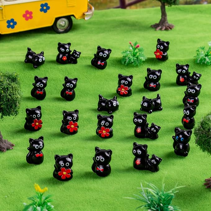 36 pcs Mini Resin Black Cats Variety Tiny Animals Figures Miniature Little Small Cat Figurines Bulk for Micro Fairy Garden Landscape Accessories Hide Crafts Decor Aquarium