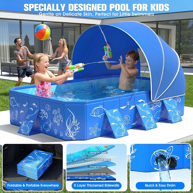 FizZeal Kiddie Pool with Canopy,Baby Swimming Pool for Toddler,Non-Inflatable Portable Pool for Kid,Foldable Toddler Pool with Shade,Kids Pool for Backyard.Outdoor Pop Up Kiddie Beach Pool 50"x37"x30'