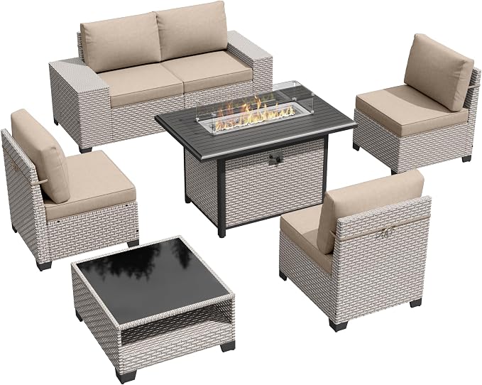 7-Piece Outdoor Patio Furniture Set with Fire Pit, Modular Sectional Sofa Set with Glass Coffee Table and Cushions, Wicker Outdoor Couch Conversation Sets, Khaki