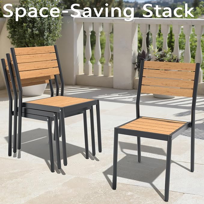 7-Piece Outdoor Dining Set for 6 Person with Teak Wood-Grain Top | Armless Stackable Chairs with 19.4" Seat Depth, Aluminum Frame Dining Furniture with Umbrella Hole for Deck, Porch & Backyard