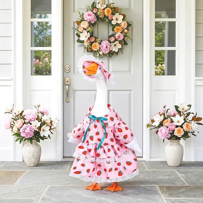 Spring Porch Goose Outfit Strawberry Porch Goose Clothes for 23 Inch Lawn Cement or Plastic Geese Statue Geese Skirt Costume with Hat Dress for Summer Outdoor Patio Yard Garden Holiday Decor