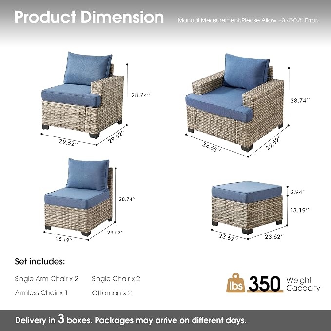 Outdoor Sectional Patio Furniture Set,7 Pieces All Weather Rattan Wicker Conversation Sets,Out Door Furniture with Ottoman Single Chair,Denim Blue