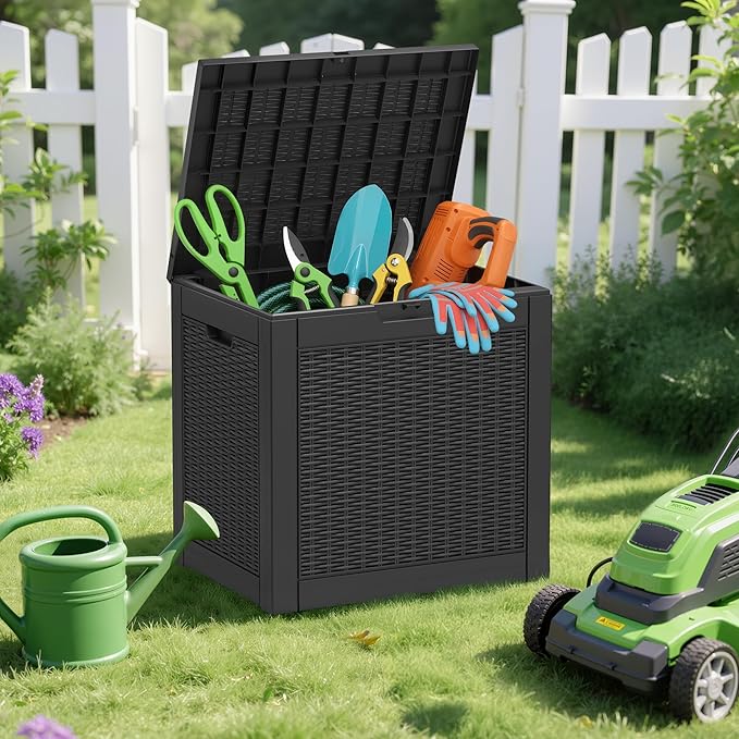 Outdoor Storage Box, 35 Gallon Deck Box with Lockable Lid, Waterproof Resin Storage Bin for Patio Furniture, Garden Tools, Cushions, Black