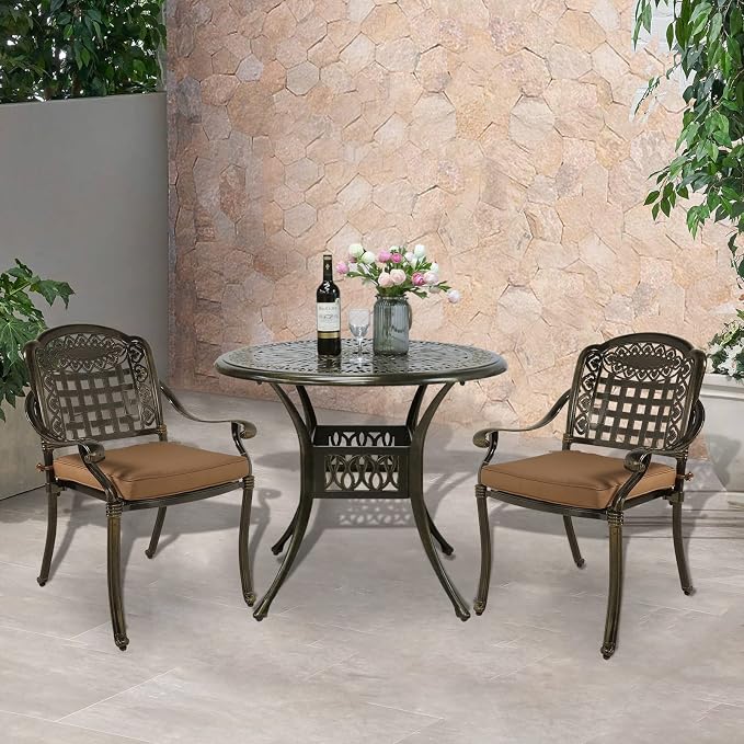 VIVIJASON 3-Piece Outdoor Patio Bistro Set, All-Weather Cast Aluminum Furniture Dining Sets Include 2 Cushioned Chairs and 35.4" Round Table w/Umbrella Hole for Balcony, Lawn, Garden, Backyard