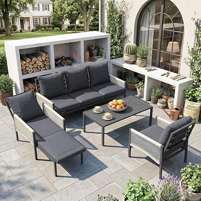 AECOJOY Aluminum Patio Furniture Set 10 Seats Outdoor Sectional Couch with Coffee Central Table Patio Conversation Sets for Porch Deck (Dark Grey, 8PCS, 10 Seat)