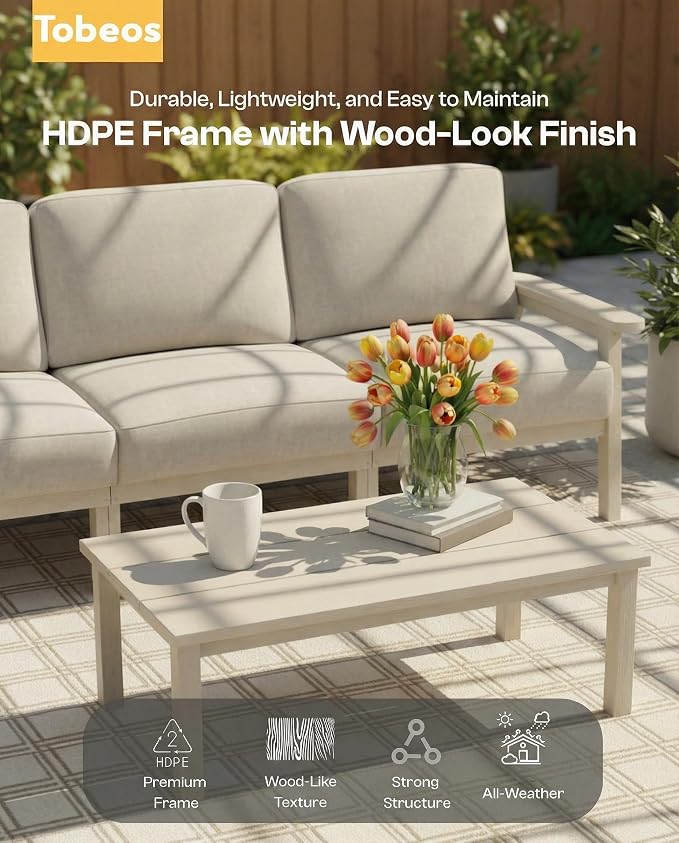 HDPE 5 Piece Patio Furniture Set, Outdoor Couch with Washable Thick Beige Cushions & Coffee Table, Outdoor Sectional Furniture for Backyard, Deck, Lawn, Porch (White Frame)