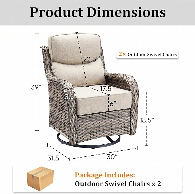 Luxury Outdoor Swivel Rocker Patio Chairs Set of 2 with 6-Inch Thick Cushions, High Back Swivel Patio Chairs Wicker Outdoor Gliders for Porch, Yard, Deck, Poolside, Grey/Beige