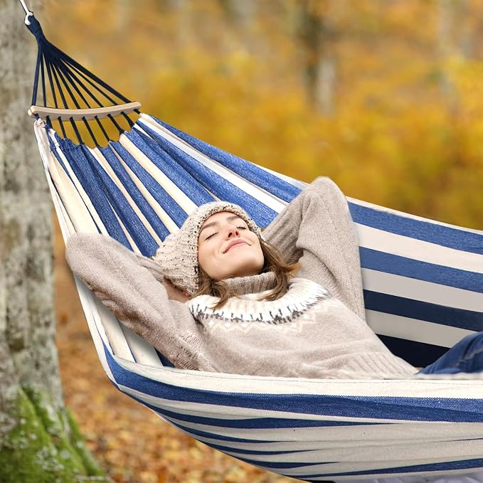 ANYOO Portable Camping Hammock Cotton Hammocks with Spreader Bar Outdoor | Sturdy Lightweight Hammocks Up to 450lbs with Carry Bag