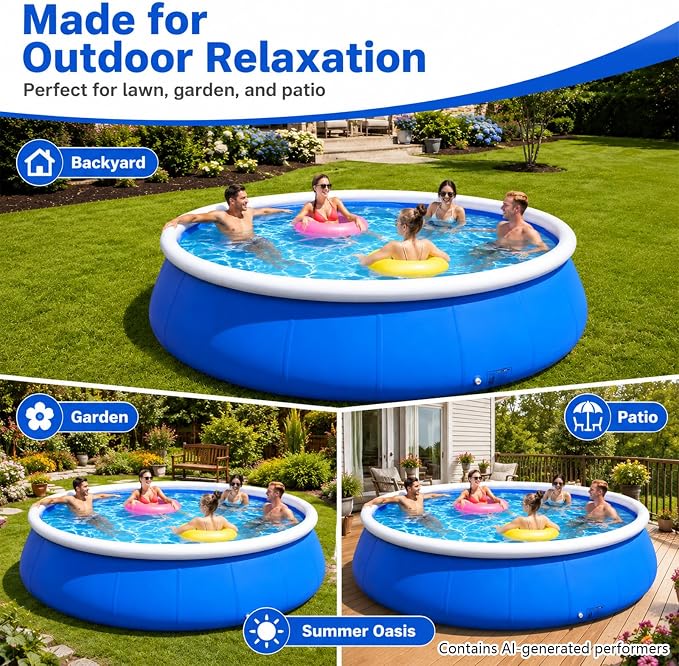 8 Ft Inflatable Swimming Pool for Family, Round Blow Up Pool for Adults, Garden/Lawn, Foldable Storage,Strong and Durable, No Assembly