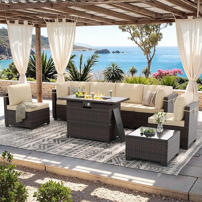 Soohow 8 Piece Patio Furniture Set with 44" Fire Pit Table, Outdoor Sectional Wicker Rattan Conversation Set for Garden, Porch, Backyard - Beige Cushions