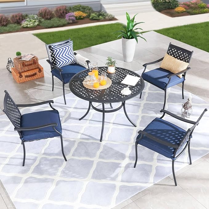 5-Piece Patio Dining Set Heavy Duty Outdoor Dining Furniture Set,Indoor Outdoor Dining Sets with Round Tabletop,4 Stackable Chairs