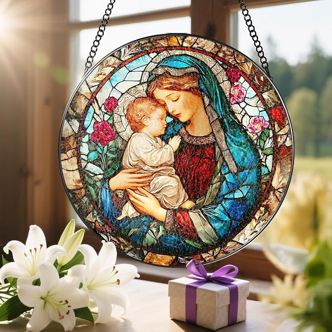 8 Inch Virgin Mary Stained Glass Suncatcher, Stained Glass Window Hanging, Christian Window Hanging Decor, Suncatchers for Windows Door Home Decor and Christmas, Christian Gift, Religious Gift
