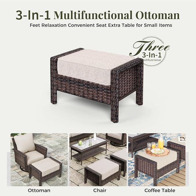 MIXPATIO 8-Piece Wicker Patio Furniture Set with Swivel Chairs, High Back Outdoor Furniture with Fire 57'' Pit Table and Ottoman, All-Weather Wicker Patio Conversation Set for Deck Yard Pool, Beige