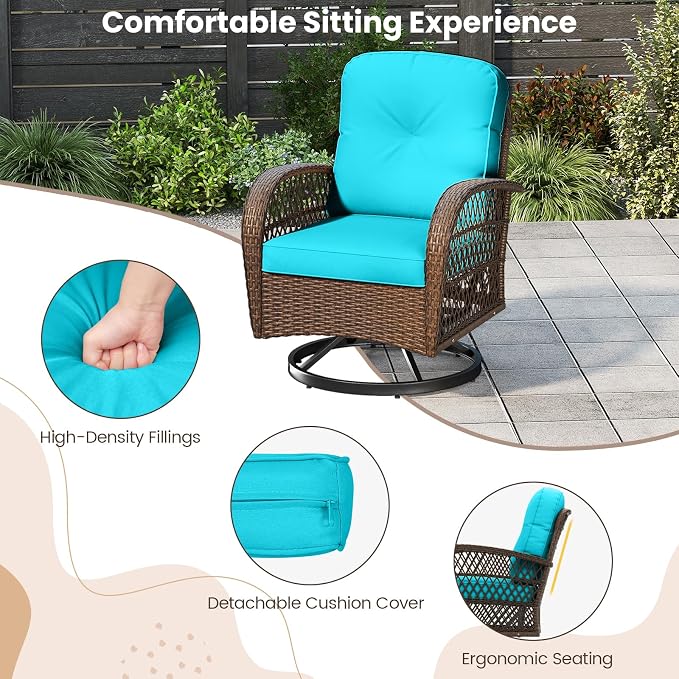 HAPPYGRILL 3 Pieces Patio Furniture Set Outdoor Rattan Swivel Rocker Chairs with Side Table, Outside Sectional Conversation Set with Swivel Rocking Chairs for Deck Porch Garden (Turquoise)