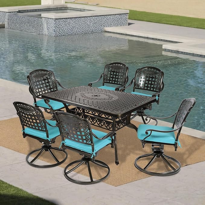 VIVIJASON 7-Piece Outdoor Furniture Dining Set, All-Weather Cast Aluminum Patio Conversation Set, Include 6 Swivel Dining Chairs and a Rectangle Table with Umbrella Hole, Ocean Blue Cushion