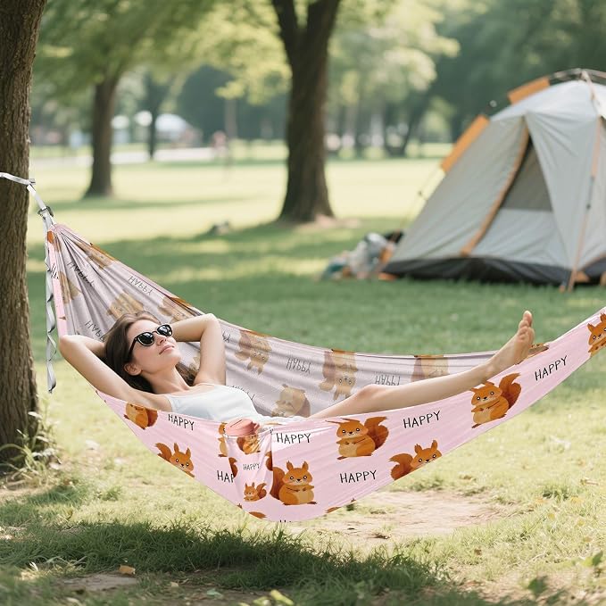 Camping Hammock Outdoor Hammocks for Outside Cute Squirrel Happy Beach Trees Portable Lightweight with Pockets Tree Straps Indoor