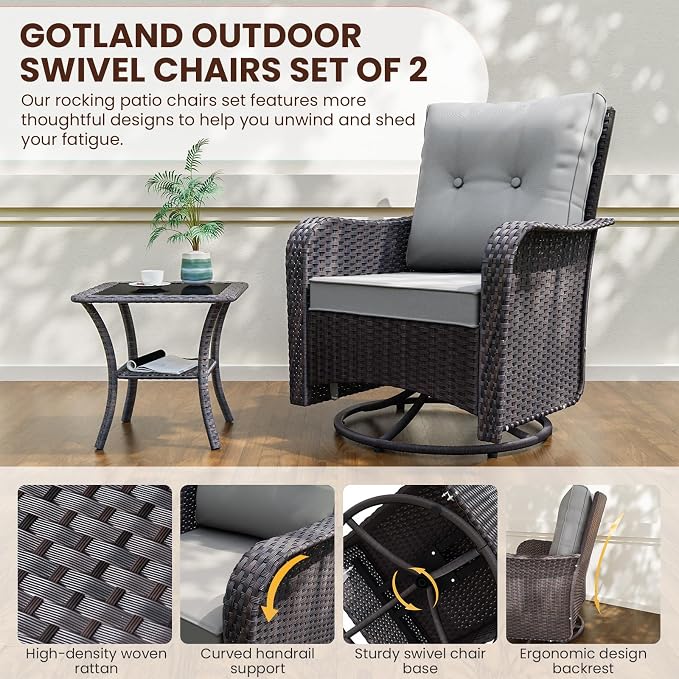 Gotland 9 Pieces Patio Furniture Set with 2 Swivel Chairs, 7-Seater Patio Furniture in 4 Combinations with Wide Armrests 29.5'' High Backrest, Wicker Outdoor Sectional for Deck Garden Pool Gray