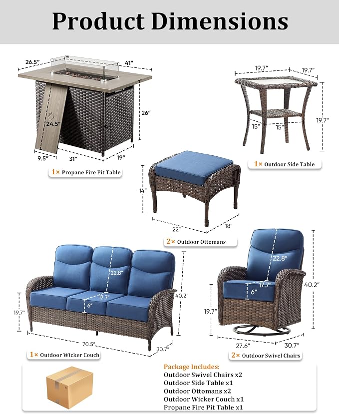 7-Piece Luxury Patio Furniture Set with 6-Inch Thick Cushions, High-Back Outdoor Sofa & Swivel Rocking Chairs with Wicker 42" Fire Pit, All-Weather Conversation Set for Porch, Deck, Yard – Blue