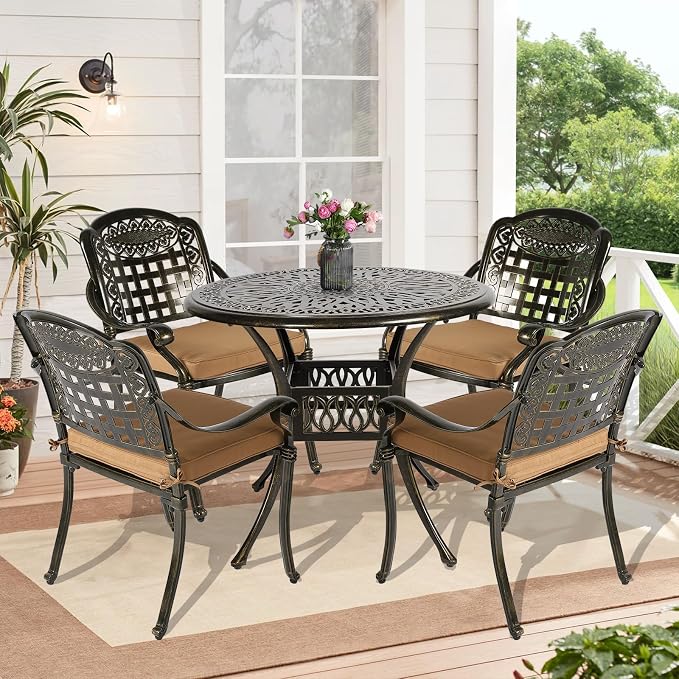 5-Piece Outdoor Patio Dining Set, All-Weather Cast Aluminum Patio Furniture Table and Chairs Set with 2" Umbrella Hole, 35.4" Round Table and 4 Chairs, 4 Cushions for Backyard Garden Deck