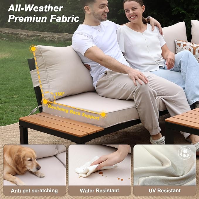 JOYURE 4-Piece Patio Furniture Set,Metal Outdoor Sectional Sofa with 3 Fauxwood Tables &Adjustable Reclining Chair,Patio Modular L Shape Sofa with Thickened Cushions for Backyard,Deck,Balcony,Beige