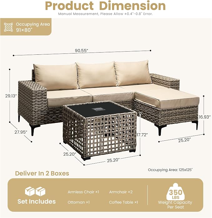 HOOOWOOO 5 Pieces Patio Furniture Set,L Shaped Outdoor Sectional Couch with Solar Table, Pe Wicker All Weather Outside Conversation Sofa Ottoman Set,Beige