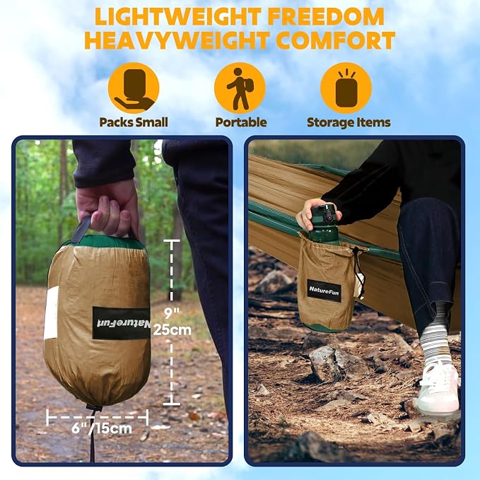 NATUREFUN Ultra-Light Travel Camping Hammock | 300kg Load Capacity,Breathable,Quick-Drying | 2 x Premium Carabiners,2 x Nylon Slings Included | Outdoor Indoor Garden