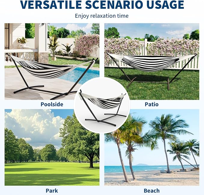 Hammock with Stand for Outside,450 lb Weight Capacity Double Hammock,Heavy Duty Steel Frame,Premium Carry Bag, Portable Hammock for Indoor, Patio, Beach - Black