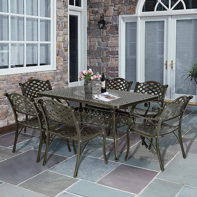 VIVIJASON 7-Piece Patio Furniture Dining Set, All-Weather Retro Cast Aluminum Outdoor Conversation Set, Include 6 Chairs and a Rectangle Table with Umbrella Hole for Balcony Lawn Garden Backyard