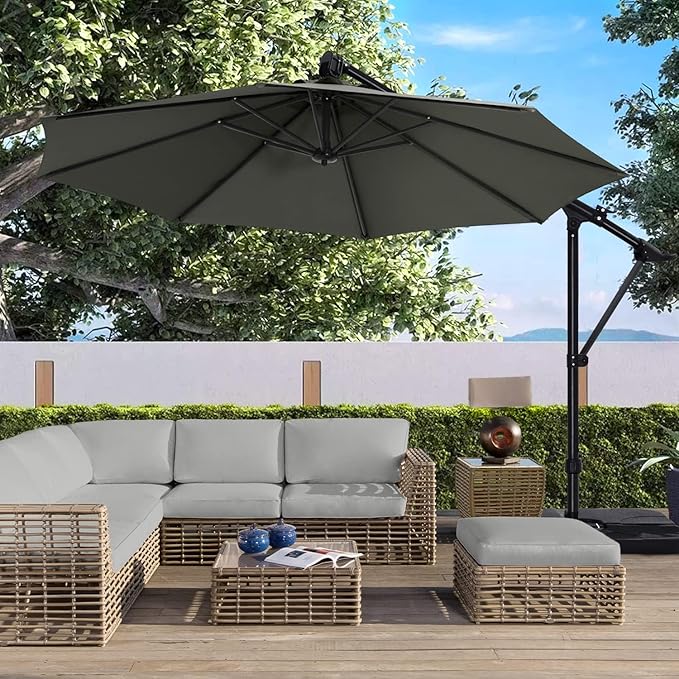 ABCCANOPY 10FT Cantilever Patio Umbrella with Base Stand, Offset Hanging Outdoor Umbrella, 360° Rotation & Tilt Adjustment,Suitable for Pool, Deck, Garden, Backyard(Dark Gray)