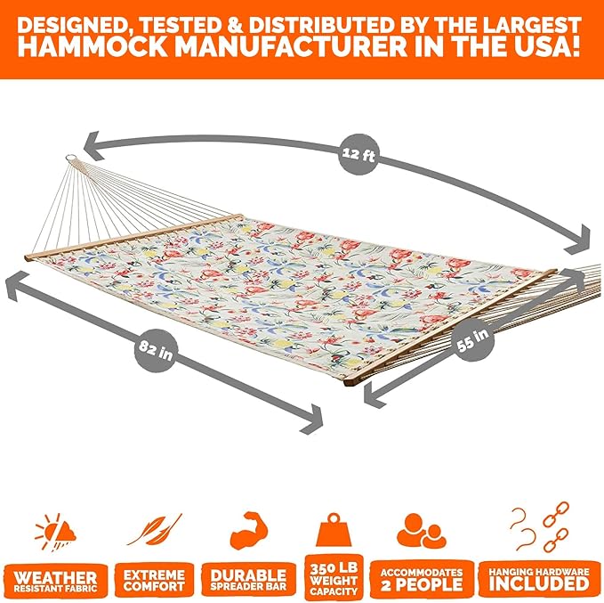 Castaway Living Large Tropical Print Quick-Dry Polyester Hammock – 12 ft. x 55 in., 350 lb Capacity, Free Extension Chains & Tree Hooks – Ideal for Poolside, Beach & Backyard Use