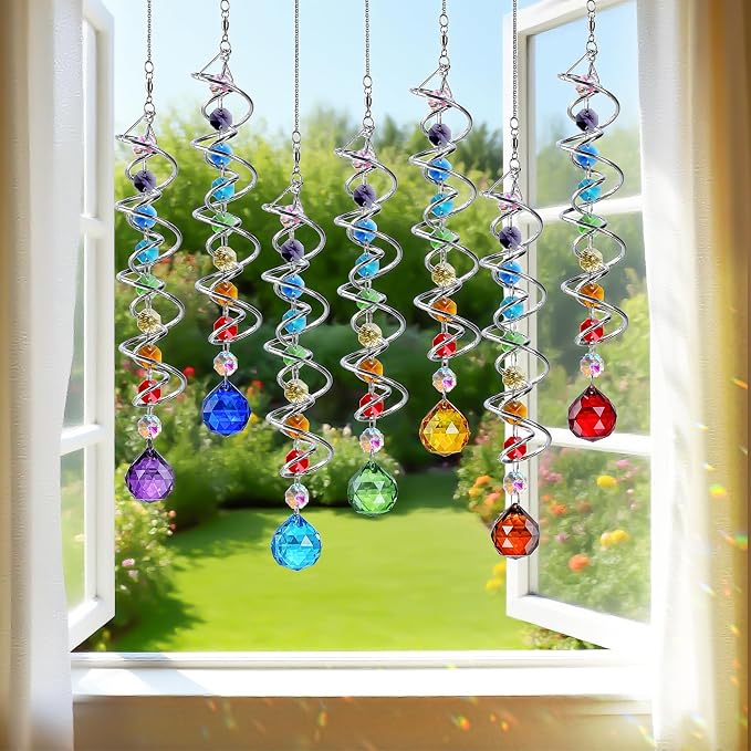 7 Pcs Crystal Gazing Ball Spiral Wind Spinner Suncatcher Garden Decor | Crystal Suncatcher Wind Spinner with Spiral Tail Gazing Ball Swivel Hook Hanging for Indoor Outdoor Yard Garden Home Decor