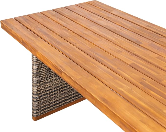 Merax 3-Piece Outdoor Dining Set Acacia Wood, 1 Table + 2 Benches, Slatted Design Tabletop & Woven Rattan Legs, Weather-Resistant Rectangle Patio Dining Set, Grey