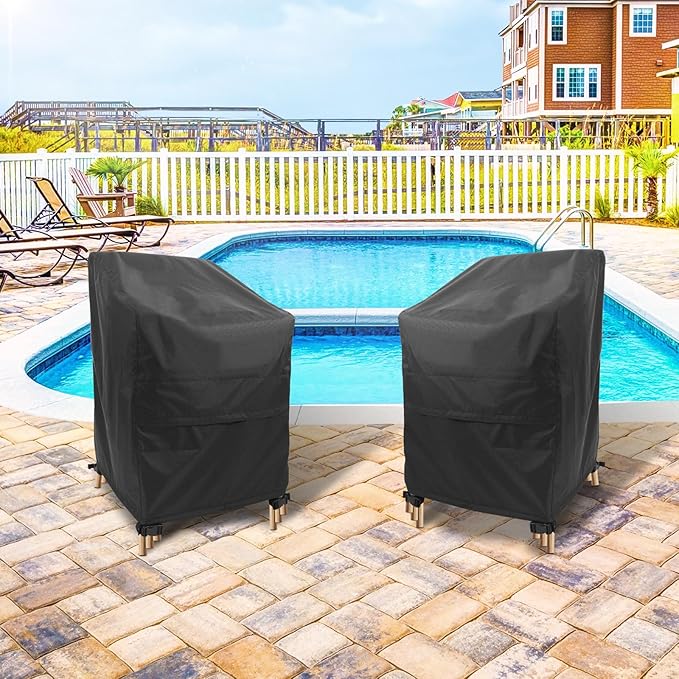 Stackable Chair Covers Outdoor Waterproof - 2 Pack Patio Chair Covers (28W x 36D x 47H inches, Black) Patio Furniture Covers with nonfading fabric fits for 4-6 Stacking Chairs