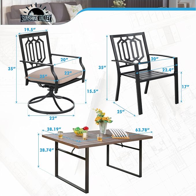 SUNSHINE VALLEY Patio Dining Set,Wood-Like Metal Table w/Umbrella Hole | 64x38 Table&6 Pcs Rust-Proof Stackable Chairs, Outdoor Table and Chairs Set for Backyard Garden Deck