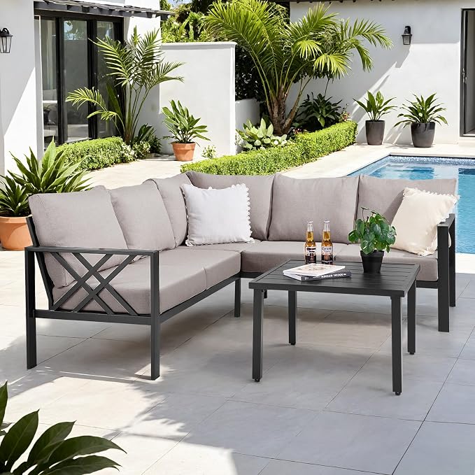 Patio Furniture Set, 6-piece Metal Sectional Furniture Sofa with Coffee Table, L Shaped Outdoor Couch with Olefin Cushion, Highback Frame, Outdoor Patio Conversation Sets for Balcony Backyard, Grey