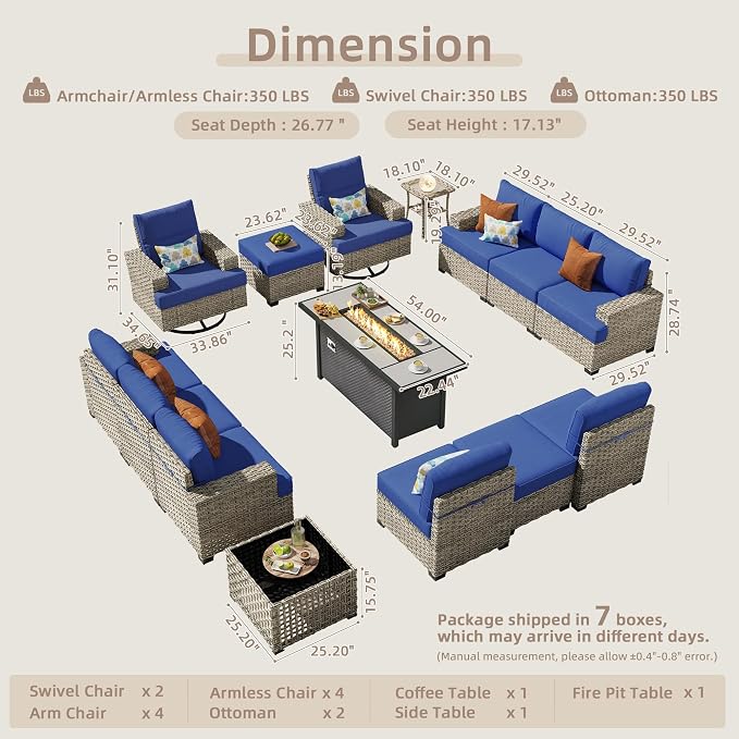 CAODOC 15-Piece Outdoor Sectional Sofa Set with 54" Fire Pit – L-Shaped Wicker Patio Furniture, Deep Seating & Swivel Rockers, Blue