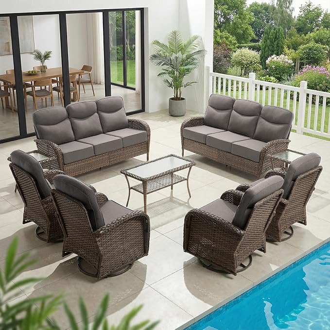 HUMMUH 9-Piece Patio Furniture Set with Upgraded 6" Thick Cushion - High Back Outdoor Swivel Rocker Chairs with 3-Seater Sofa Set of 2,Wicker Outdoor Conversation Set for Deck, Porch, Yard, Poolside