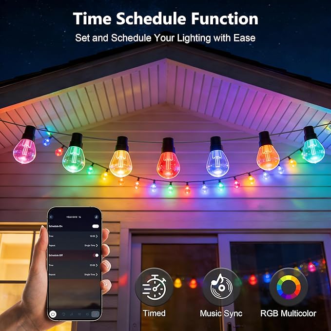 NUERPO Outdoor String Lights, 200FT RGB+IC Outside Light Dimmable Shatterproof LED Bulbs, IP67 Waterproof Chasing Effect Lighting DreamColor Patio Strip Lights for Backyard, Balcony, Outdoor Living